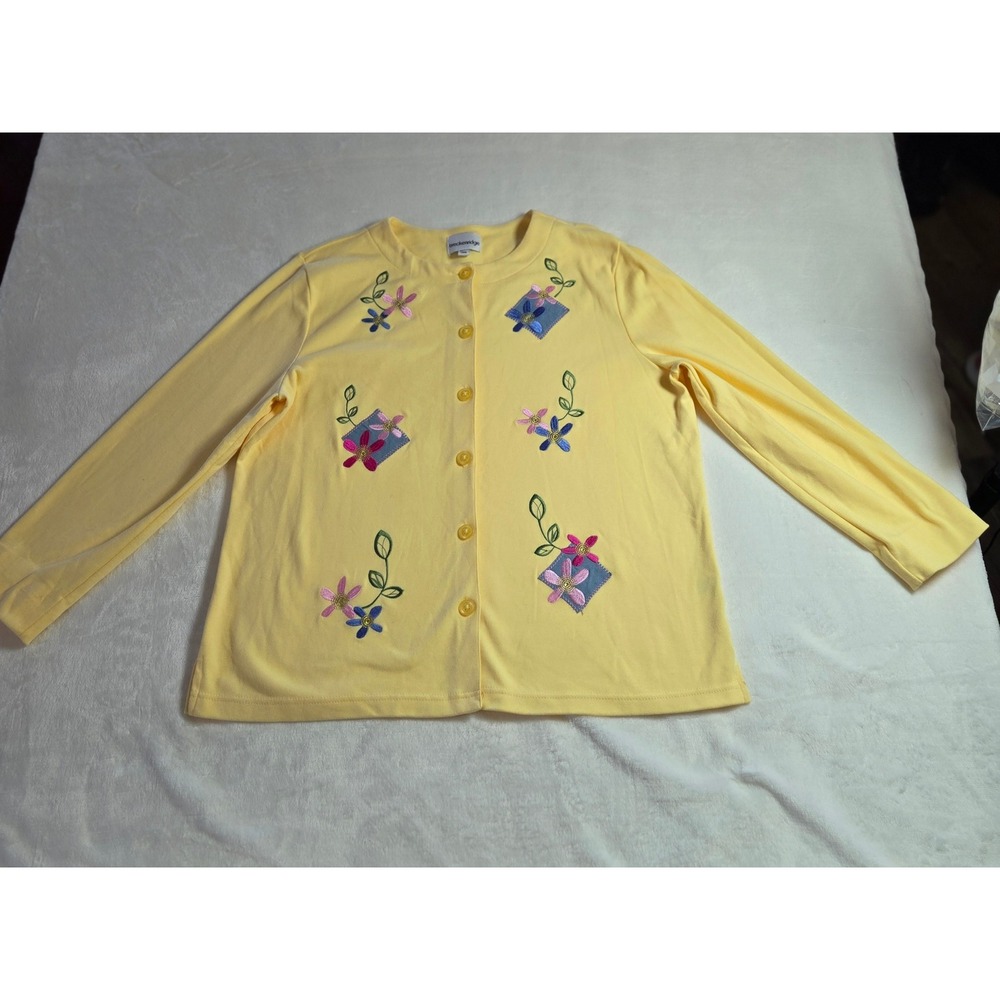 Breckenridge Womens Yellow Floral Embroidered Button Front Cardigan Top Large